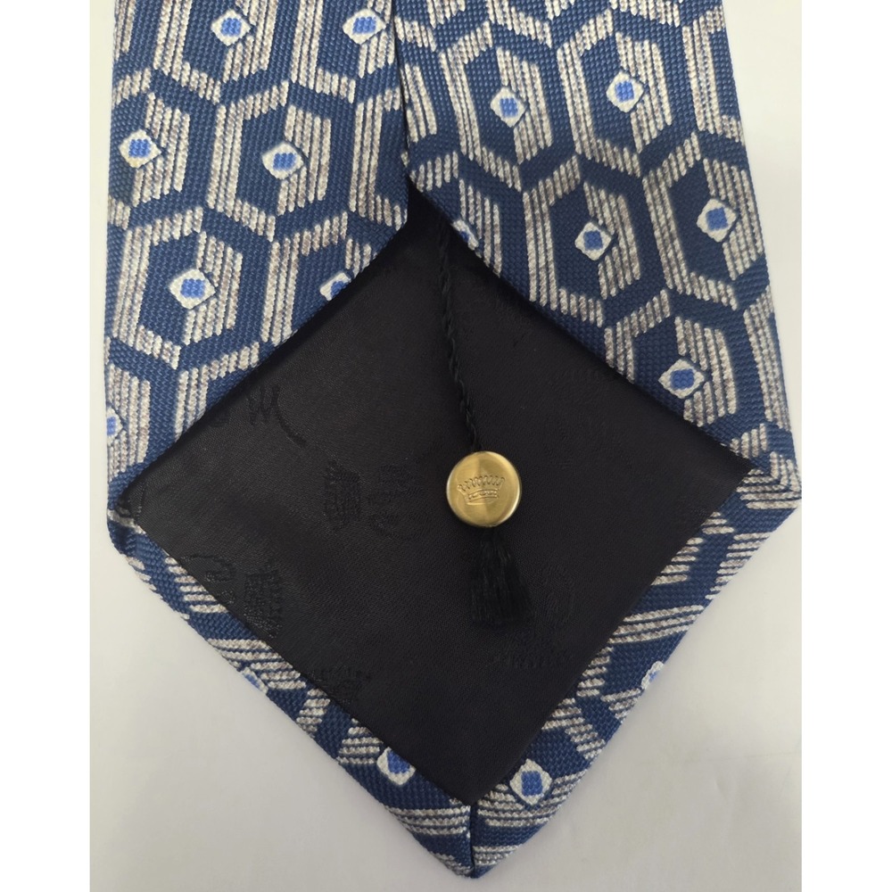 Countess Mara Necktie Blue/Gray/Ivory Geometric 100% Silk Tile Elongated Hex - Picture 8 of 12